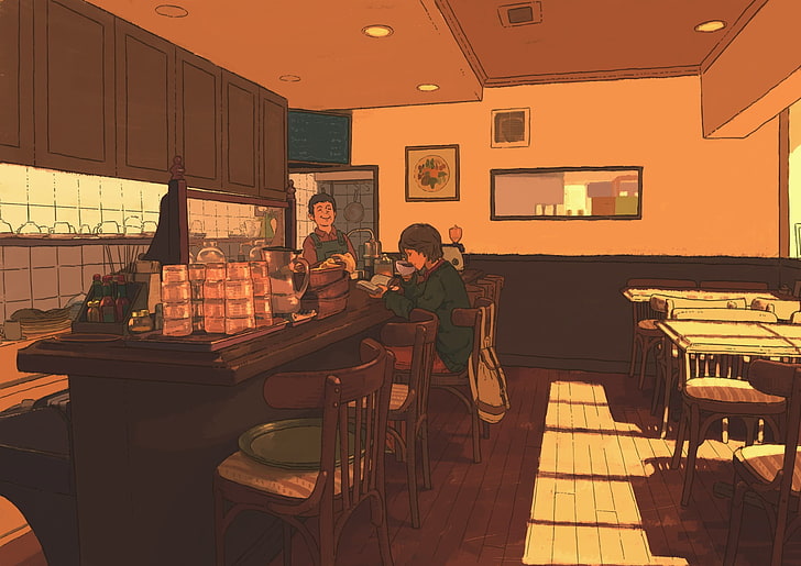 man in the diner illustration, anime, cafes, Japan, real people