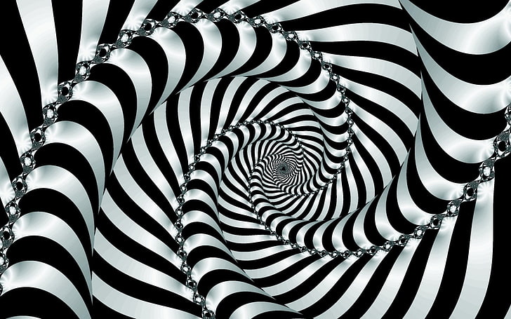 white and black striped spiral decor, abstract, optical illusion, HD wallpaper