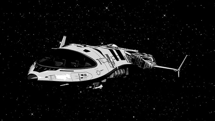 white and black space craft poster, spaceship, mode of transportation, HD wallpaper