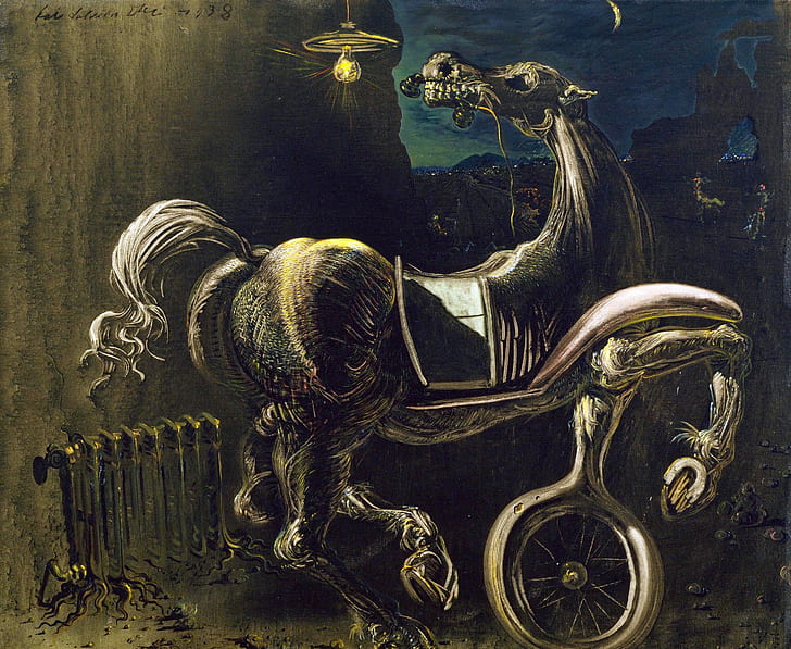 surrealism, picture, Salvador Dali, Car Wreckage Give Rise To A Blind Horse, HD wallpaper