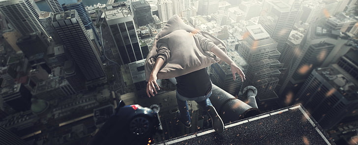 video game wallpaper, person attempting to jump on high-rise building taken during daytime