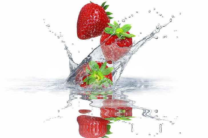 strawberry fruits, water, squirt, berries, fresh, splash, drops, HD wallpaper