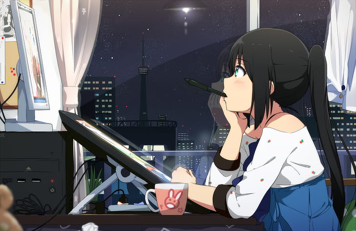 HD wallpaper: Anime, Original, Black Hair, Coffee, Computer, Girl, Green  Eyes | Wallpaper Flare