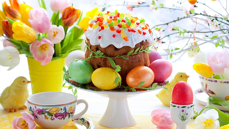 desert, sweets, eggs, tulips, table, cup, easter, decoration, HD wallpaper