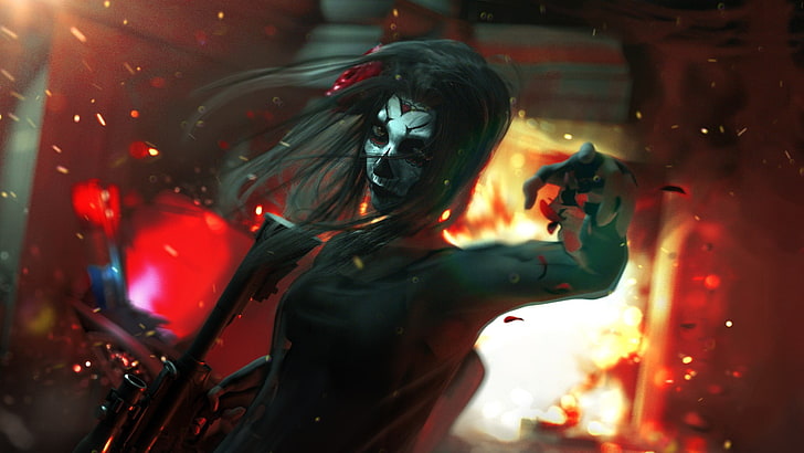 white faced woman holding rifle digital wallpaper, concept art