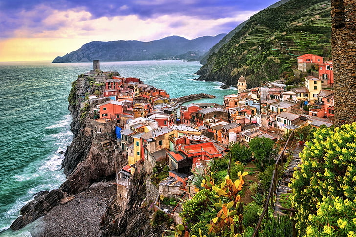 Towns, Vernazza, Cinque Terre, House, Italy, Mountain, Ocean