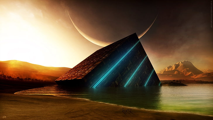 crescent moon, sunset, space art, science fiction, planet, abstract