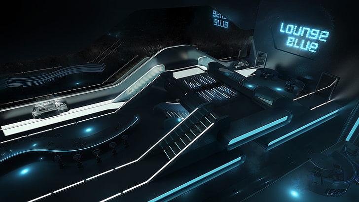 Lounge Blue conveyors, movie scene, futuristic, stairs, space station
