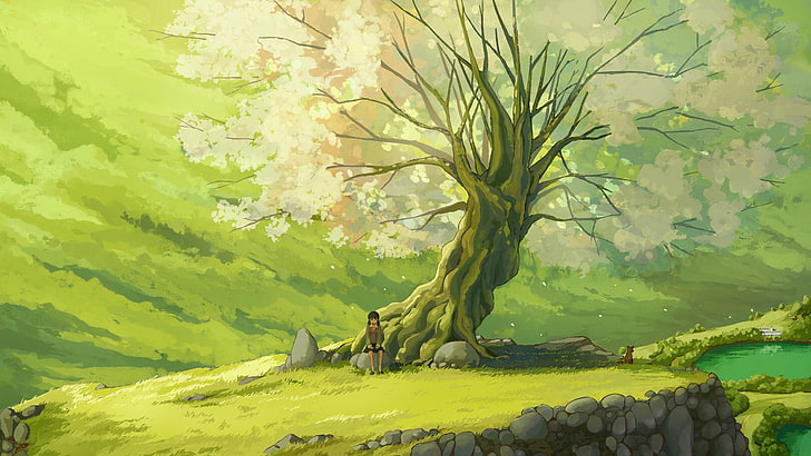 girl sitting on rock beside tree painting, original characters, HD wallpaper