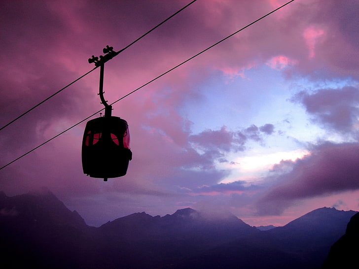 silhouette of cable car, lift, sky, night, transportation, electric Lamp, HD wallpaper