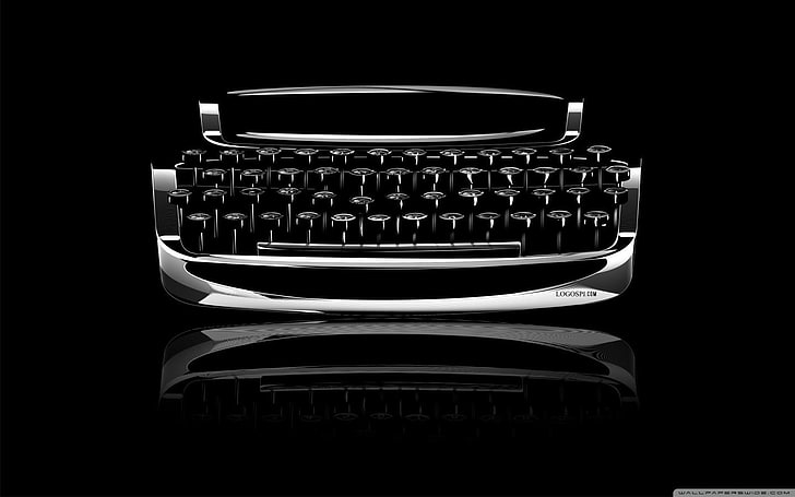 silver and black typewriter, typewriters, black background, technology