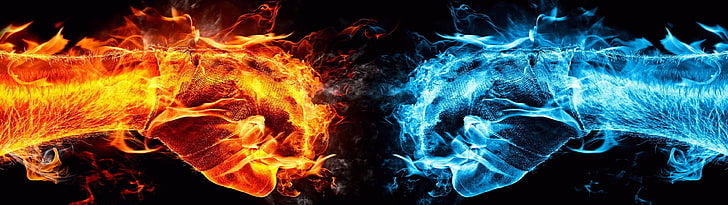 red and blue hands illustration, human hands with red and blue flames