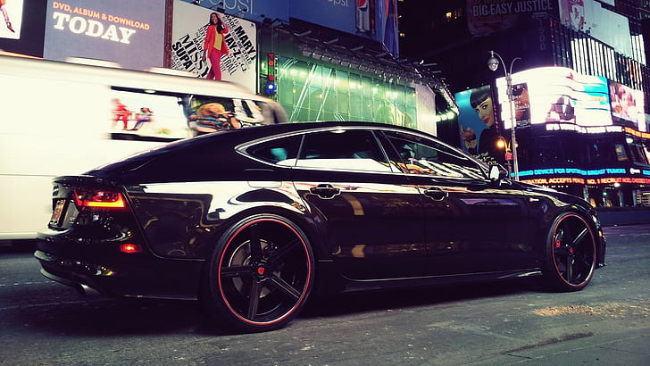 Audi A7, the city, black, lights, machine, metalik, HD wallpaper
