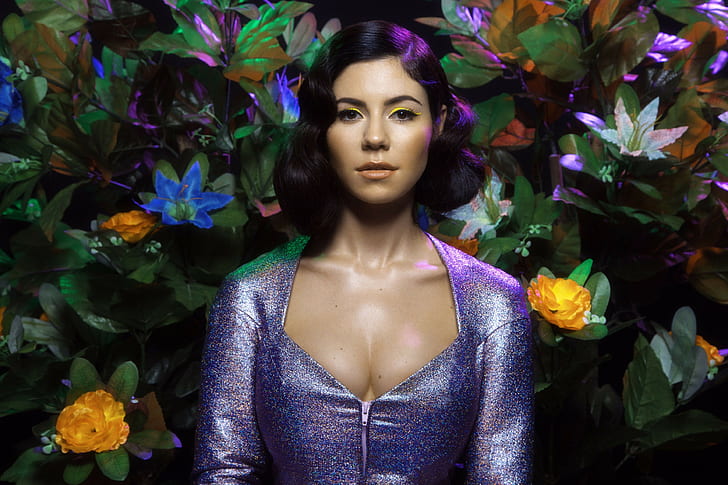 Marina and the Diamonds, women, purple dresses, dark hair, zipper
