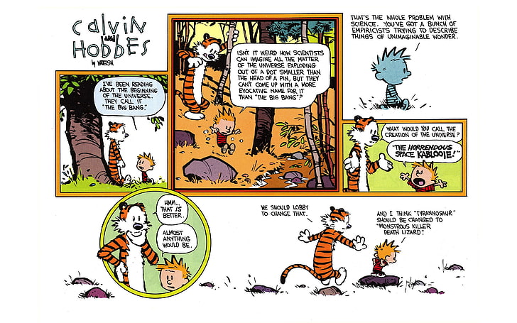 Calvin and Hobbes, comics, representation, text, human representation, HD wallpaper