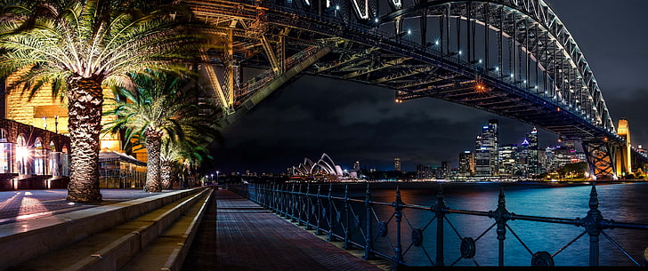 link bridge above body of water, ultrawide, Sydney, skyline, architecture, HD wallpaper