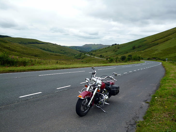 red and silver cruiser motorcycle on hi-way photo, brecon beacons, brecon beacons
