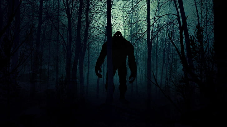 silhouette, artwork, forest, night, horror, Yeti, creepy, dark, HD wallpaper