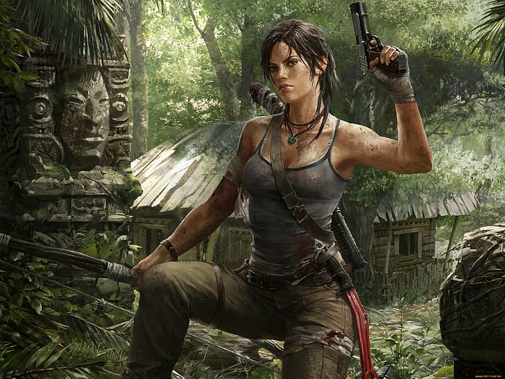 Lara Croft, video games, Tomb Raider, gun, artwork, digital art