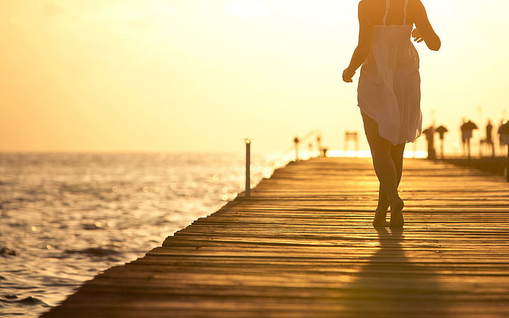 brown board walk, sea, women, the sky, freedom, water, girl, light, HD wallpaper