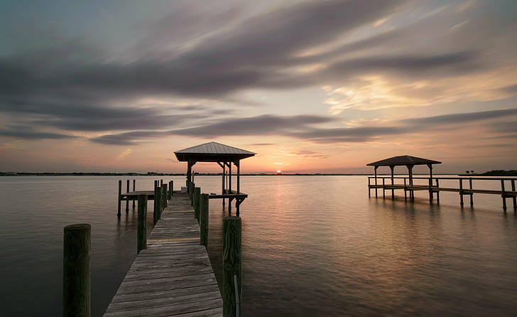 brown wooden dock, Together again, boathouse, indian  river  lagoon, HD wallpaper