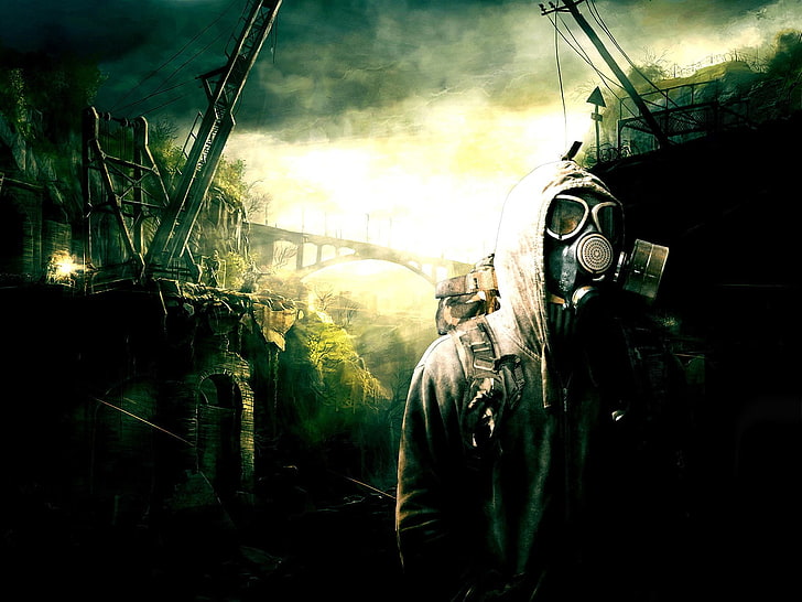 women's black and white traditional dress, gas masks, apocalyptic, HD wallpaper