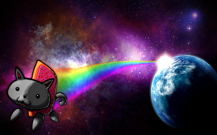 cat with cape out of space, Nyan Cat, memes, planet, rainbows