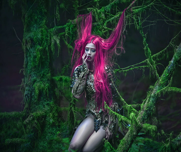 fantasy art, women outdoors, model, pink hair, A. M. Lorek, HD wallpaper