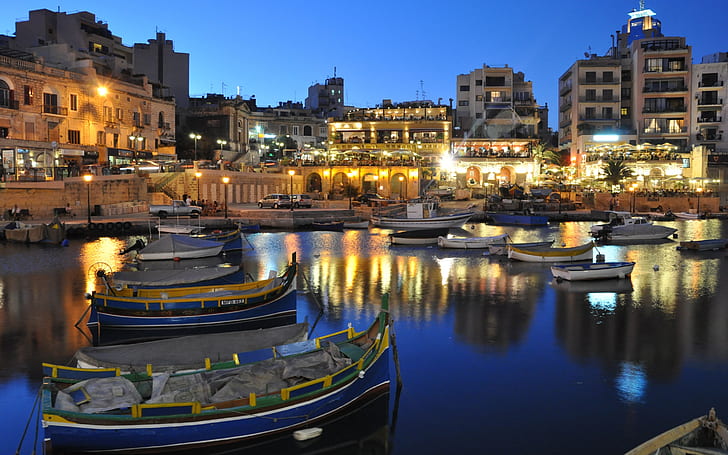 Malta beautiful night, houses, lights, boats, HD wallpaper