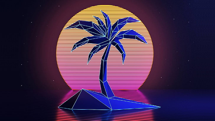 blue tree illustration, VHS, palm trees, 1980s, New Retro Wave