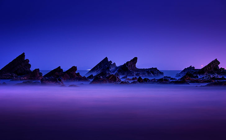 Rocks Layers Sea Mist, rock formation during night wallpaper