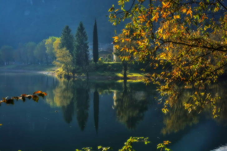 Italy, lake, trees, outdoors, fall, HD wallpaper