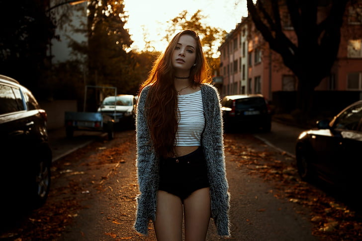 road, autumn, leaves, girl, the sun, trees, machine, shorts, HD wallpaper