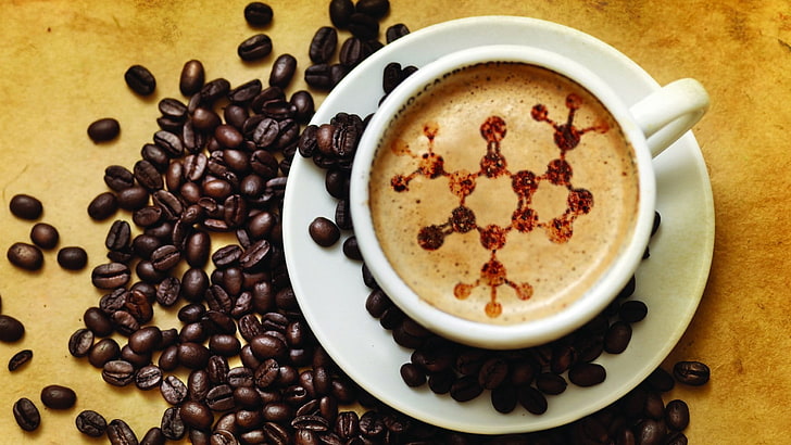 white teacup and saucer, science, chemistry, coffee, drink, chemical structures