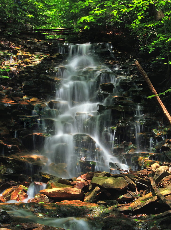 time lapse photography of waterfall falling from layered rocks in between plants and trees during daytime, dutchman, dutchman