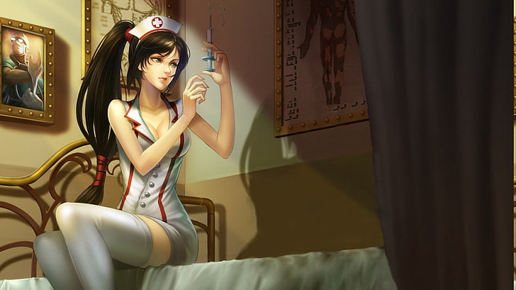 bed, League Of Legends, Nurses, sexy anime, Soft Shading, Thigh highs, HD wallpaper