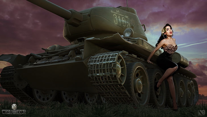 girl, figure, art, tank, T-34, Soviet, average, World of Tanks, HD wallpaper