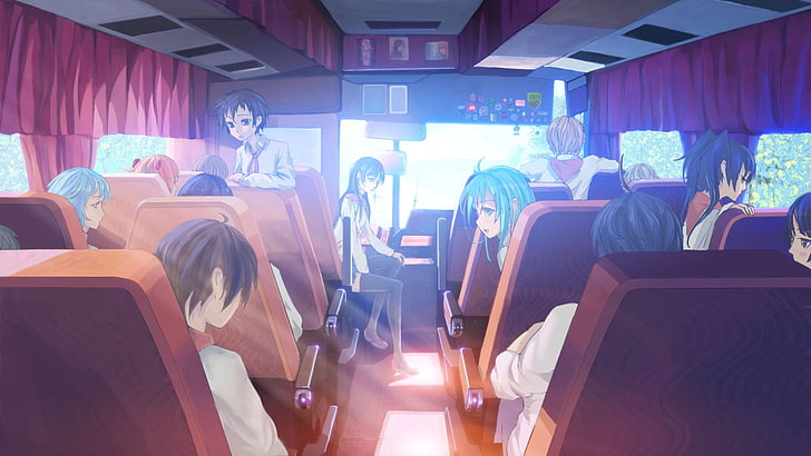 anime characters inside vehicle, schoolgirl, schoolboys, buses