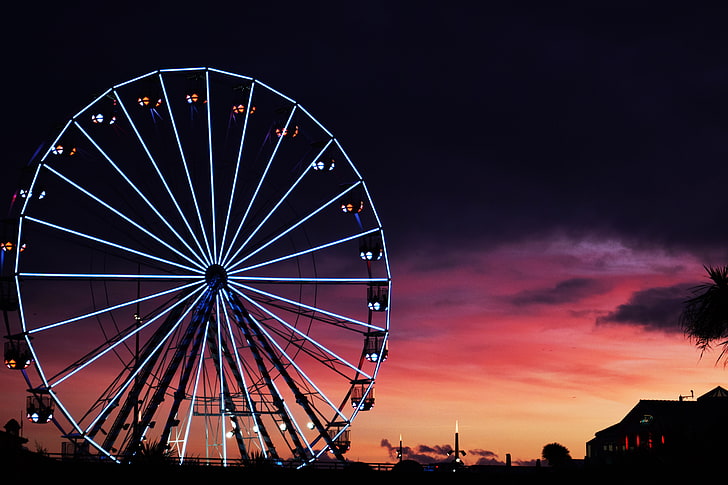 ferris wheel, sunset, clouds, amusement park, amusement park ride