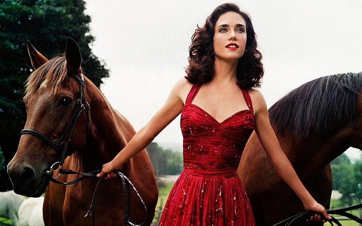 jennifer connelly horses red dress girls with horses 1680x1050  Animals Horses HD Art, HD wallpaper