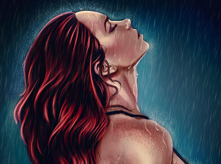 red hair woman under the rain illustration, artwork, women, tears