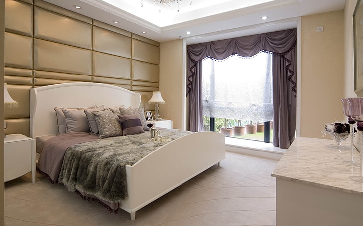 white wooden king bed, room, bedroom, curtains, window, pillows