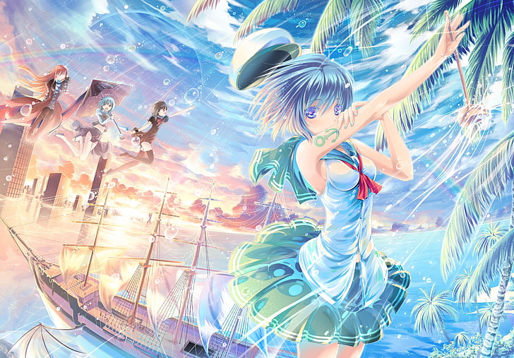 artwork, anime girls, ship, flood, sailors, one person, real people