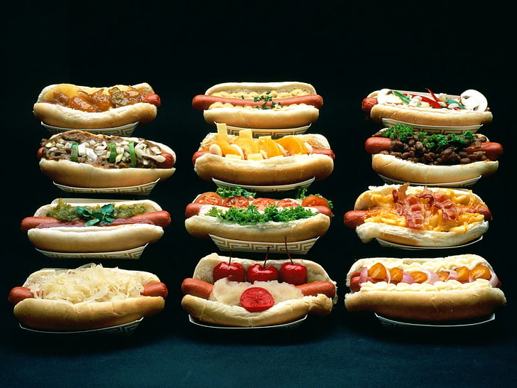 hot dog bun, hot dogs, variety, tasty, meat, food, cheese, gourmet, HD wallpaper