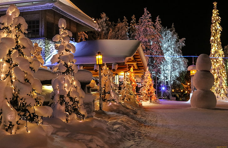 black light post, snow, night, trees, Christmas, house, lantern, HD wallpaper