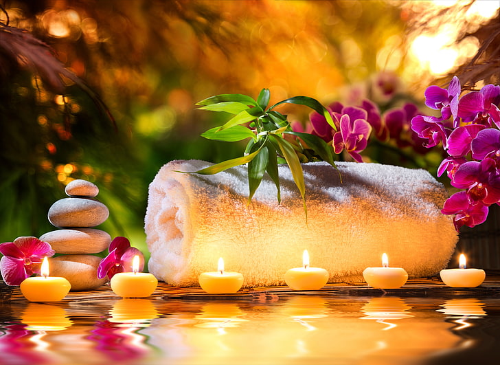 white towel, stack of stones, and tealight candles, flowers, orchids, HD wallpaper