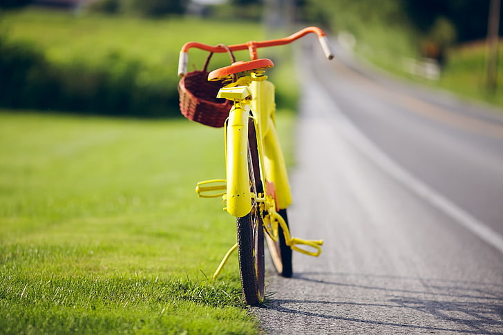 yellow and orange bicycle, macro, road, grass, path, vehicle, HD wallpaper