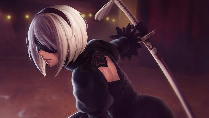 white-haired female anime character holding sword digital wallpaper