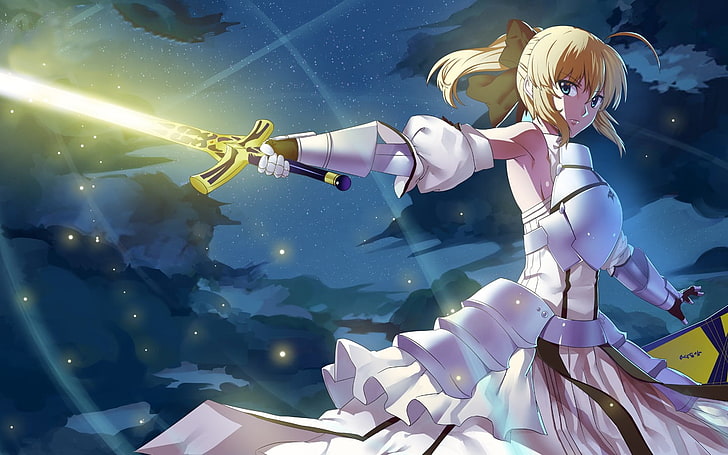 yellow haired female anime character holding sword wallpaper