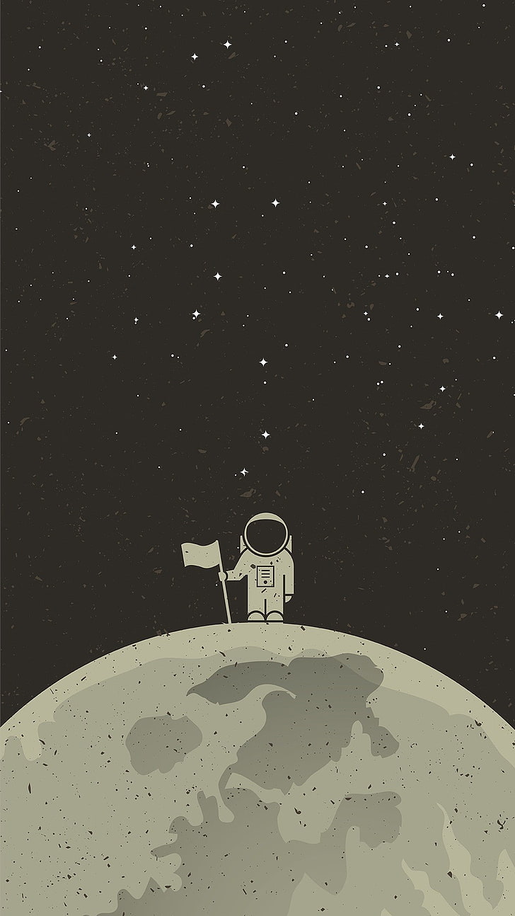 digital art, astronaut, flag, planet, spacesuit, simple background